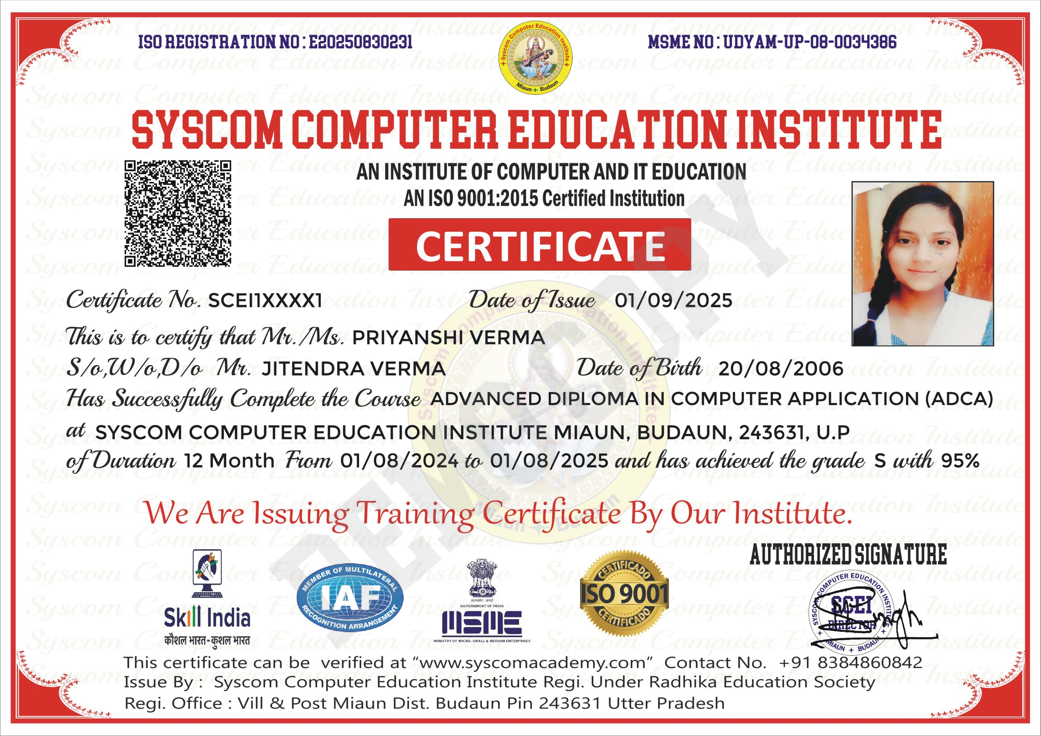 Certificate demo syscom computer center 